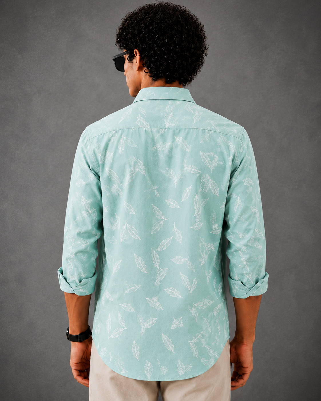 Mint Green Leaf Printed Slim Fit Shirt