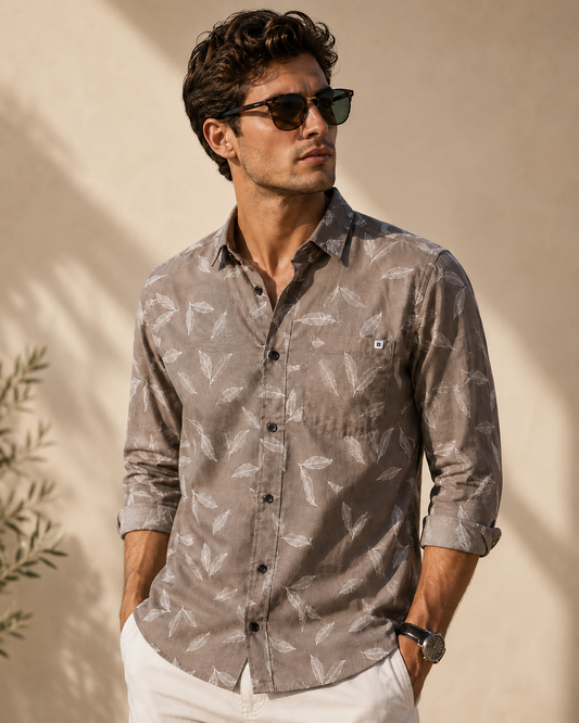 Mocha Brown Leaf Printed Slim Fit Shirt