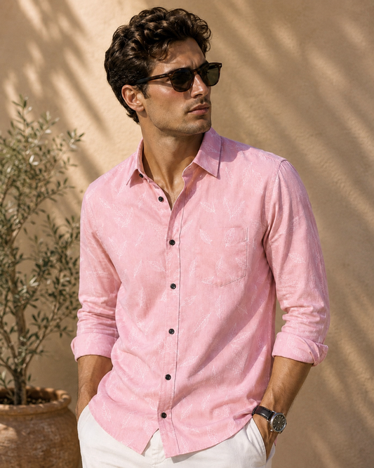 Blush Pink Leaf Printed Slim Fit Shirt