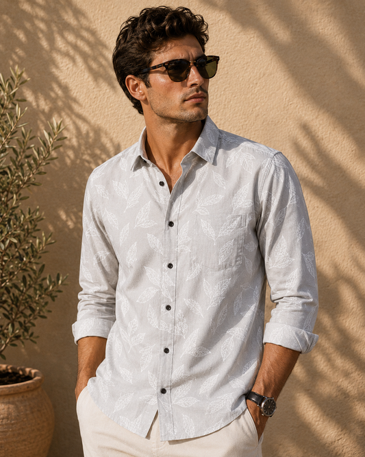 Pearl Grey Leaf Printed Slim Fit Shirt