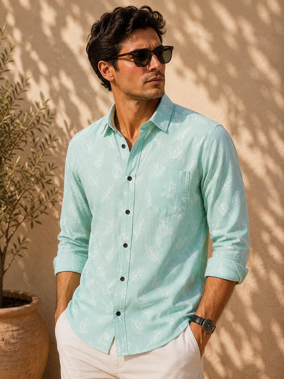 Mint Green Leaf Printed Slim Fit Shirt