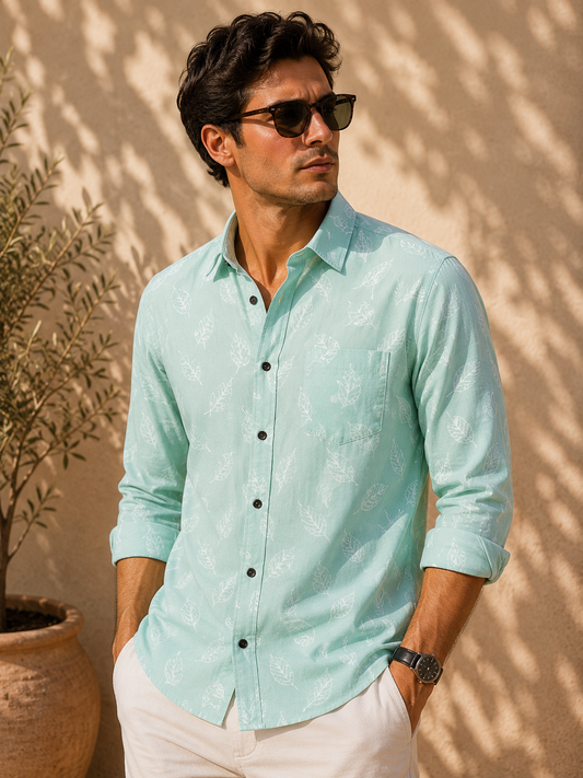 Mint Green Leaf Printed Slim Fit Shirt