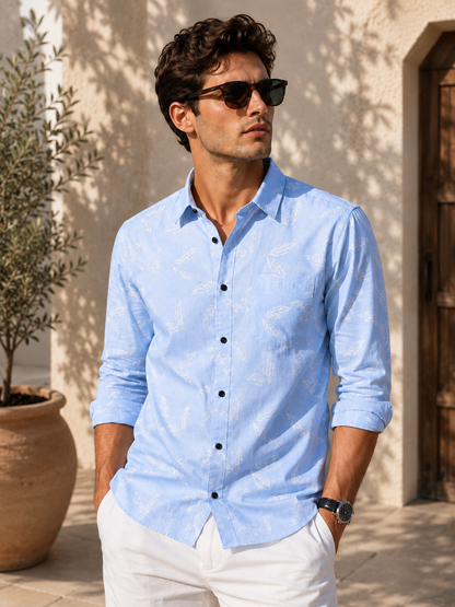 Sky Blue Leaf Printed Slim Fit Shirt