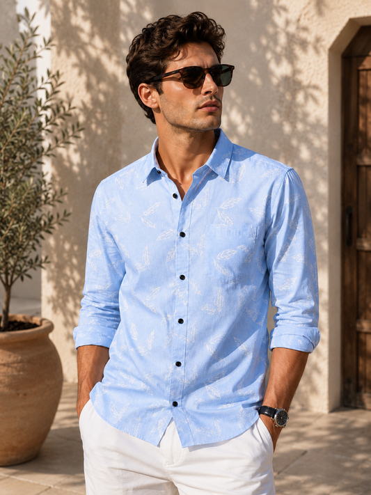 Sky Blue Leaf Printed Slim Fit Shirt