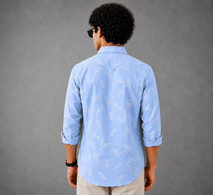 Sky Blue Leaf Printed Slim Fit Shirt