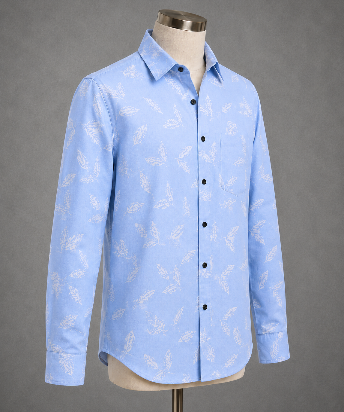 Sky Blue Leaf Printed Slim Fit Shirt