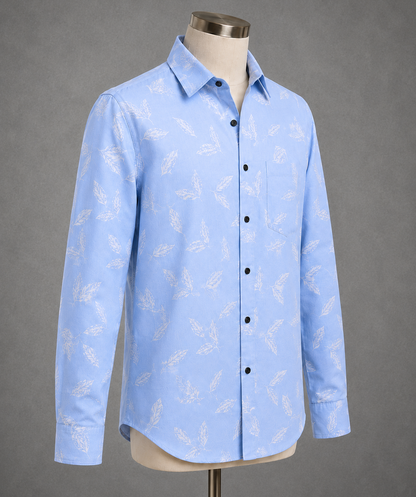 Sky Blue Leaf Printed Slim Fit Shirt