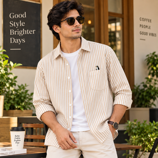 Men’s Beige Stripe Cotton Penguin Shirt