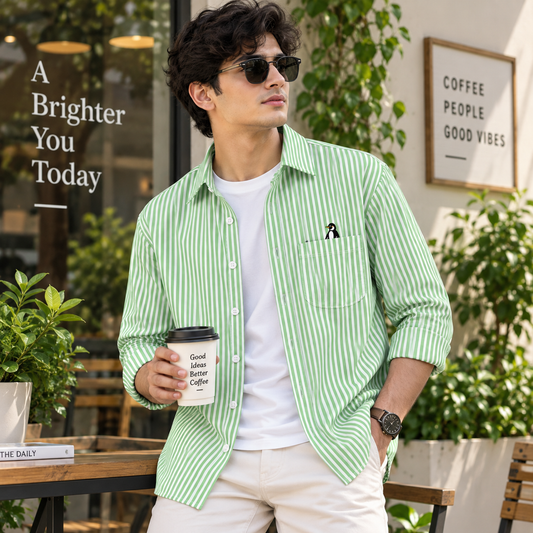 Men’s Green Stripe Cotton Penguin Shirt