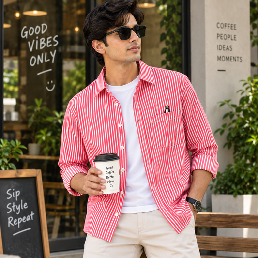 Men’s Cherry Red Stripe Cotton Penguin Shirt