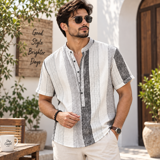 Men’s White & Grey Stripe Cotton Kurta Style Shirt