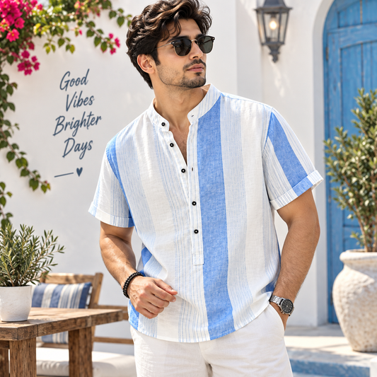 Men’s Sky Blue & White Stripe Cotton Kurta Style Shirt