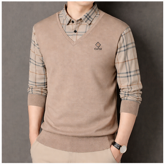 Men’s Premium Light Cocoa Brown V-Neck Layered Full Sleeve T-Shirt