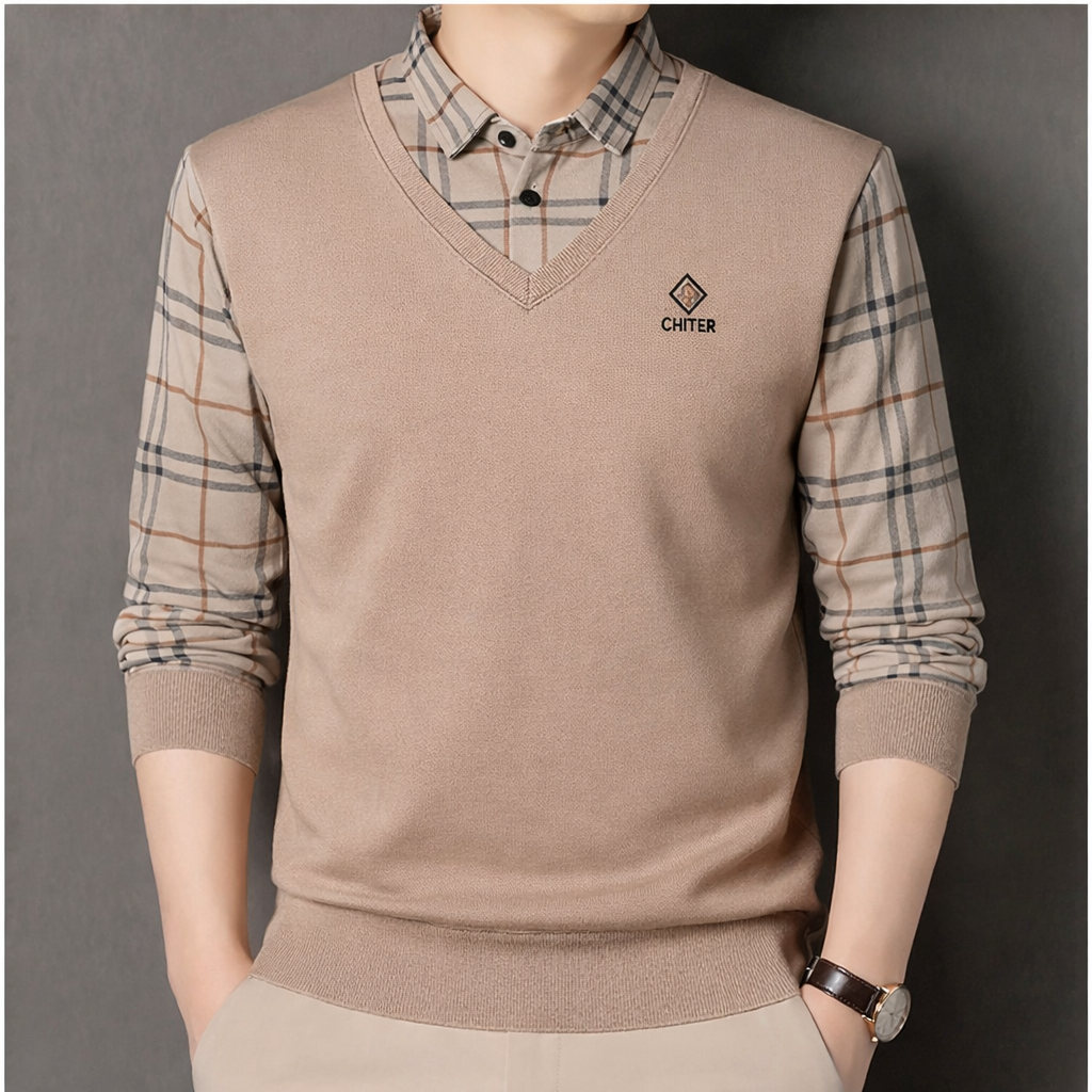 Men’s Premium Light Cocoa Brown V-Neck Layered Full Sleeve T-Shirt