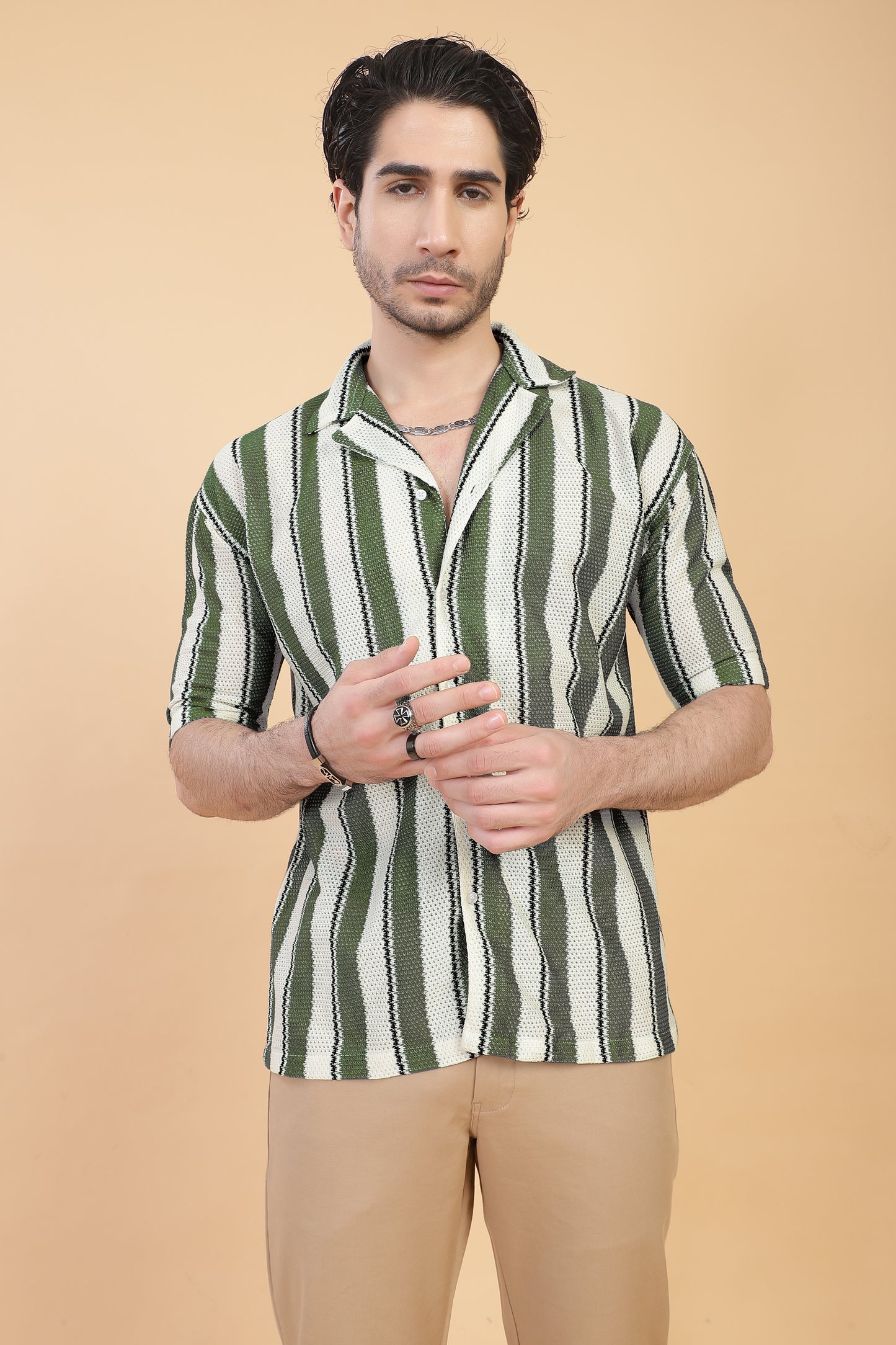 CROCHET MAHENDI STRIPE HALF SLEEVE MEN SHIRT