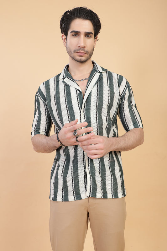 CROCHET OLIVE STRIPE HALF SLEEVE MEN SHIRT