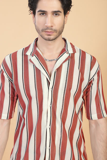 CROCHET ORANGE STRIPE HALF SLEEVE MEN SHIRT