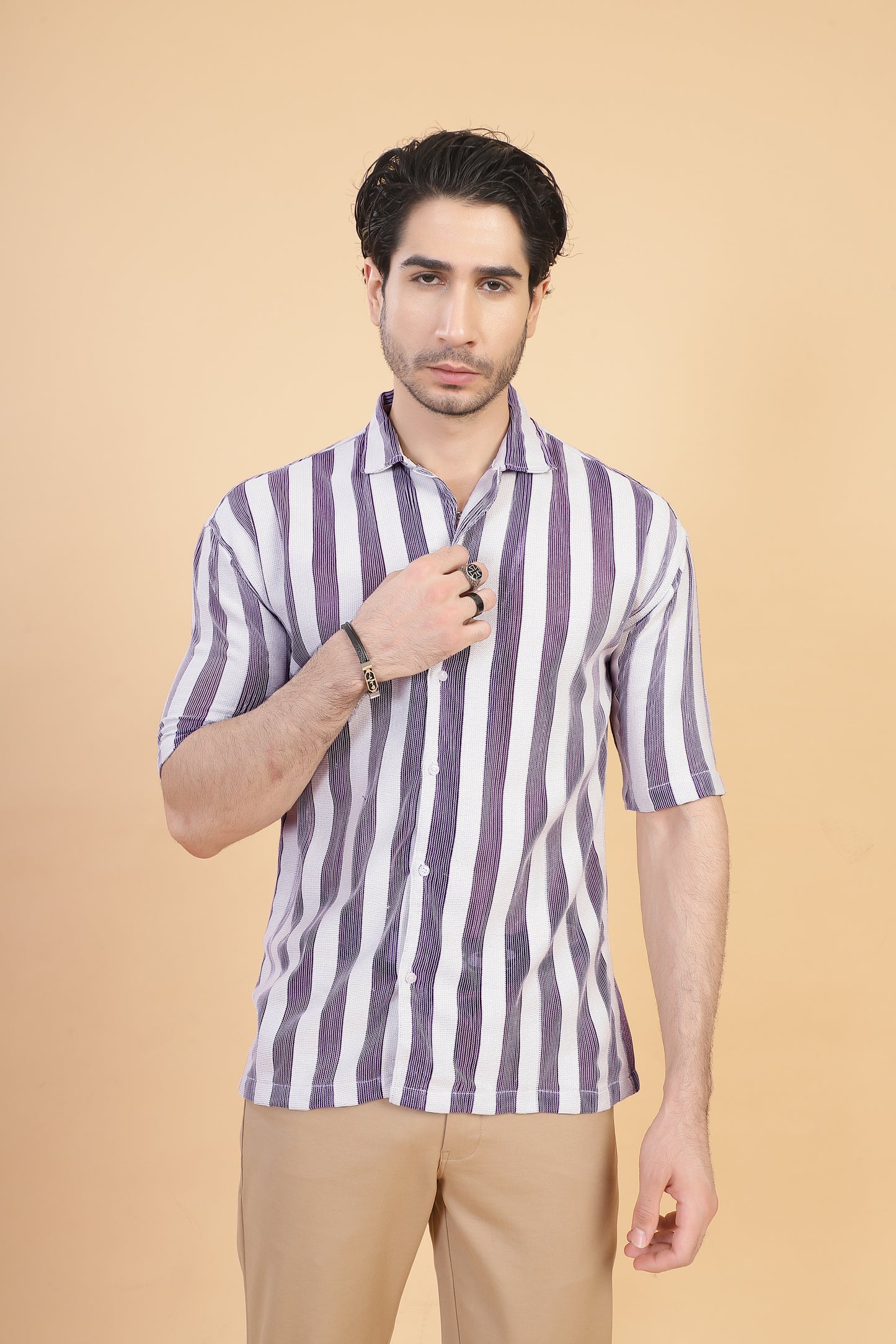 CROCHET PURPLE STRIPE HALF SLEEVE MEN SHIRT