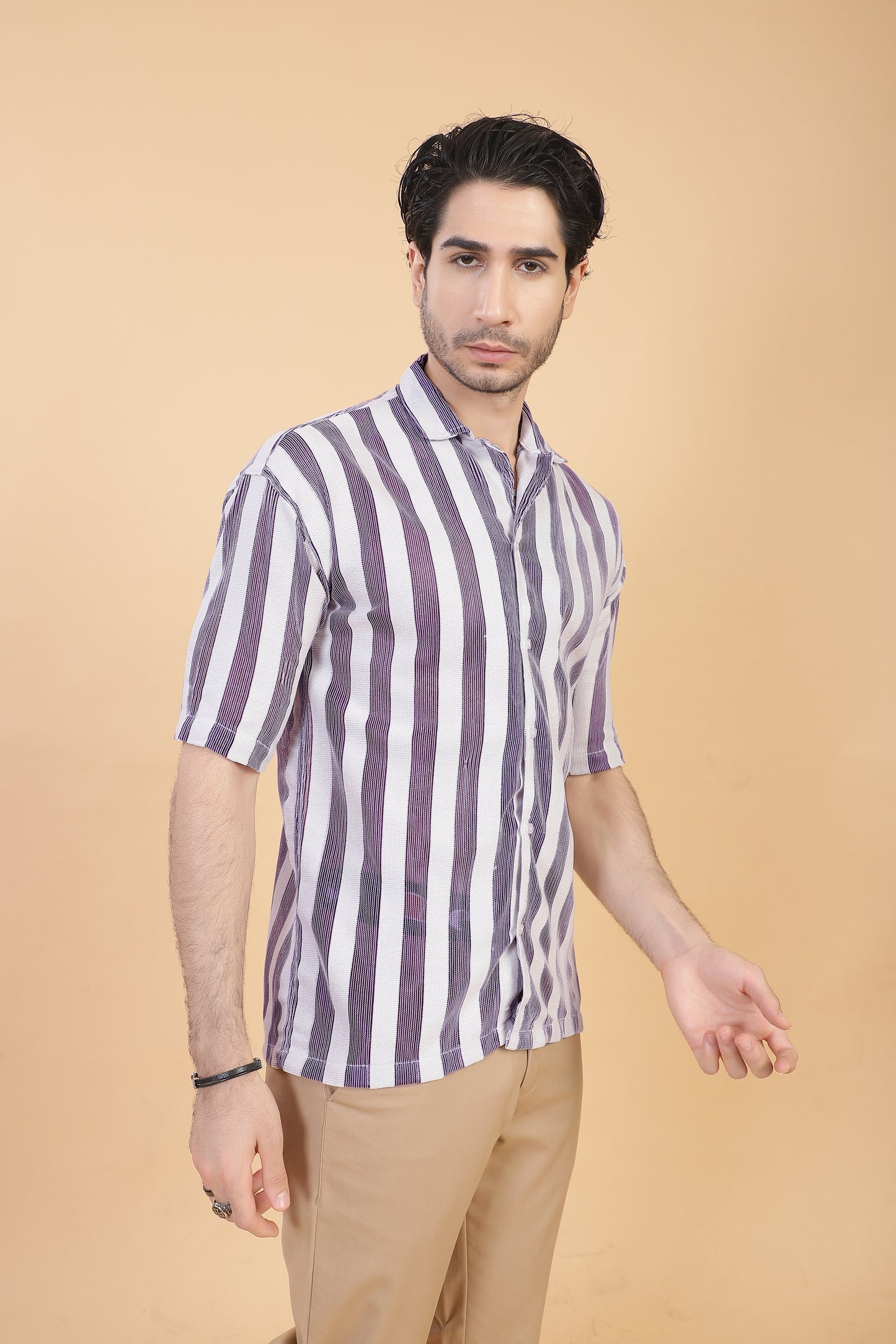 CROCHET PURPLE STRIPE HALF SLEEVE MEN SHIRT