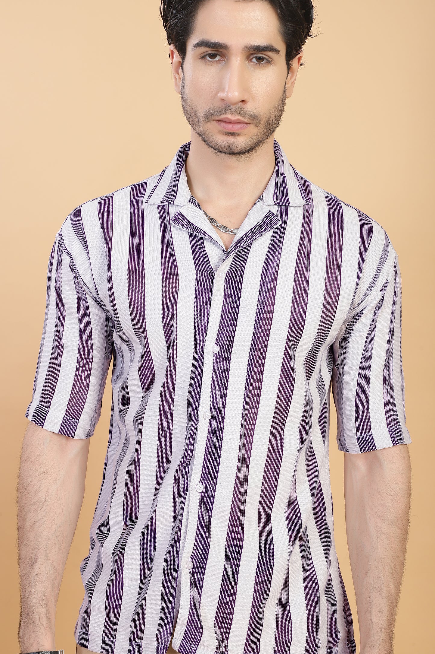 CROCHET PURPLE STRIPE HALF SLEEVE MEN SHIRT