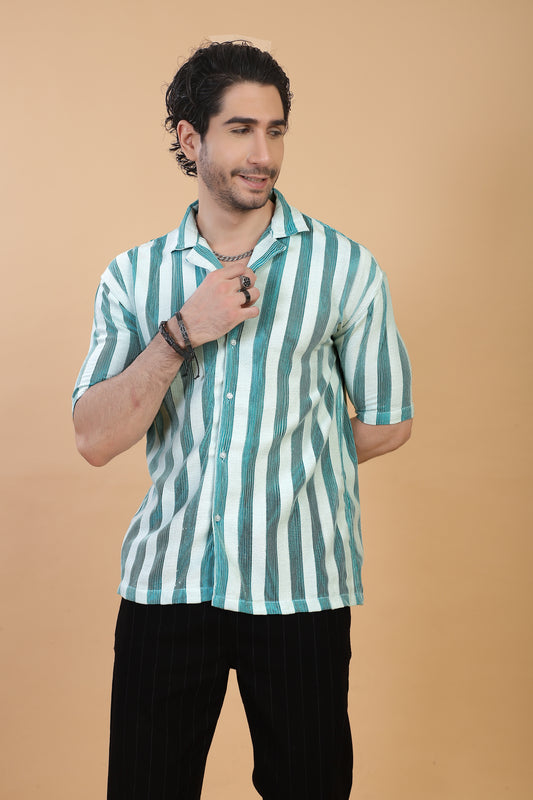 CROCHET SKYBLUE STRIPE HALF SLEEVE MEN SHIRT