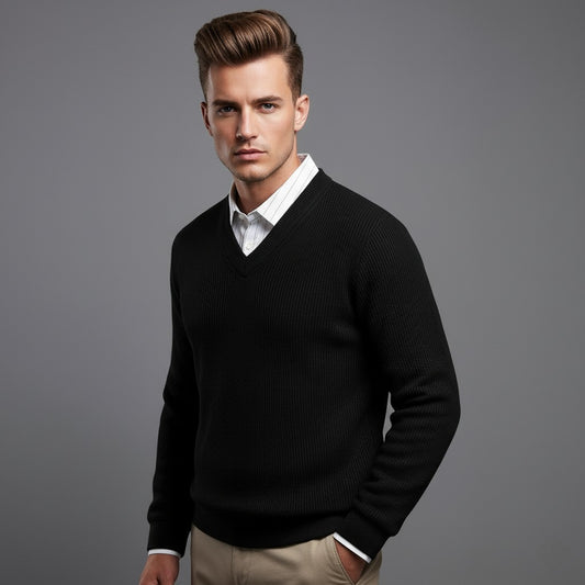 Men’s Black V-Neck Full Sleeve Textured T-Shirt