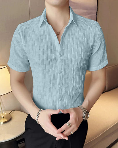 PASTEL BLUE TEXTURED SHORT SLEEVE SHIRT FOR MAN