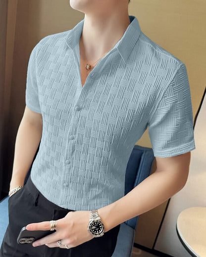 PASTEL BLUE TEXTURED SHORT SLEEVE SHIRT FOR MAN