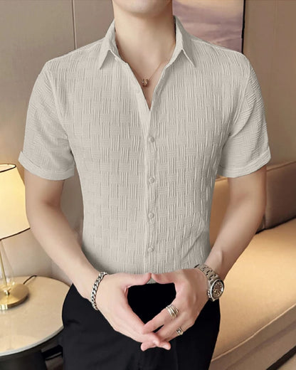 BEIGE COLOR TEXTURED SHORT SLEEVE SHIRT FOR MAN