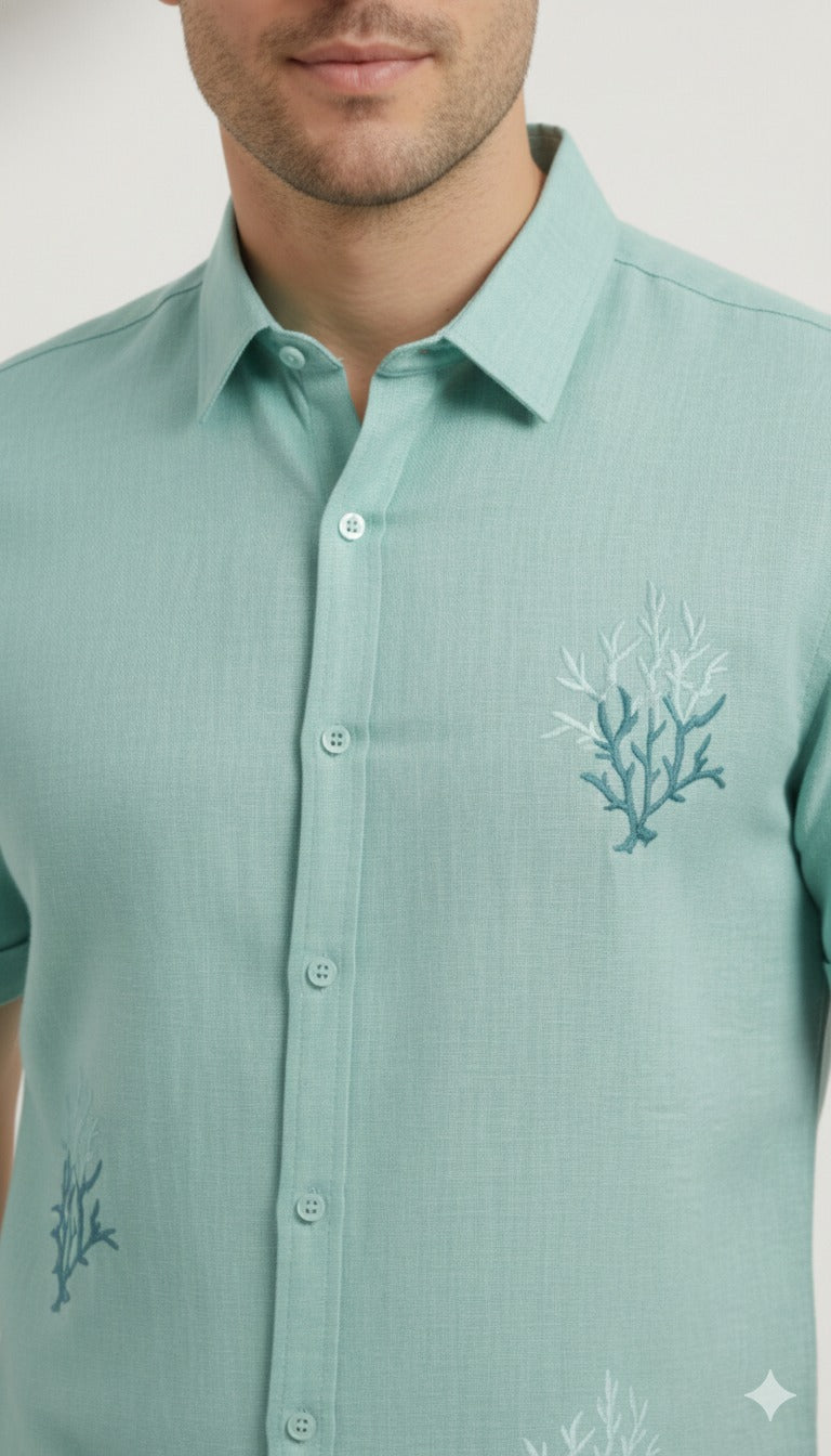Men’s Mint Green Linen Embroidered Shirt