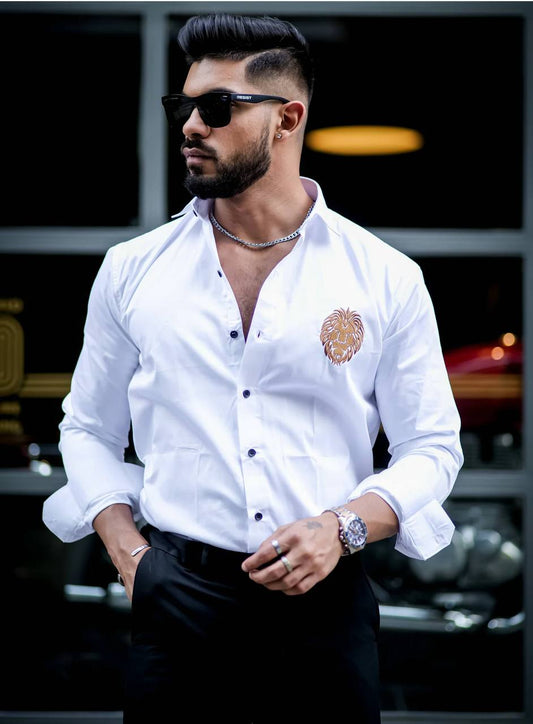 Men’s White Slim Fit Lion Embroidery Shirt