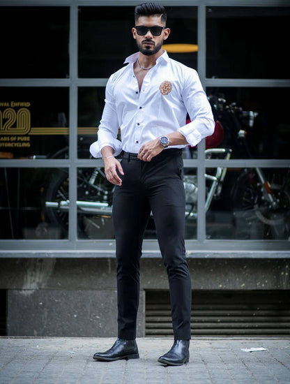 Men’s White Slim Fit Lion Embroidery Shirt