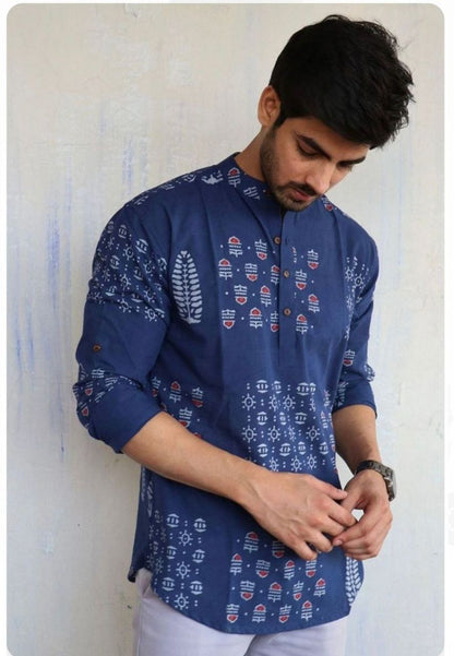 Men's Navy Blue Printed Kurta Shirt