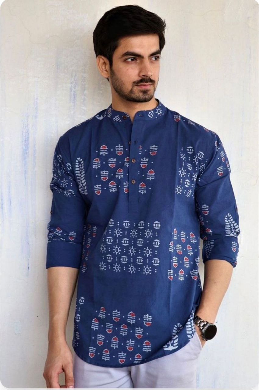 Men's Navy Blue Printed Kurta Shirt