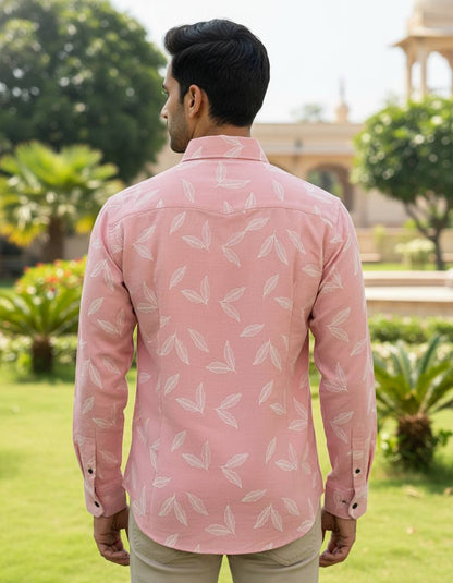 Blush Pink Leaf Printed Slim Fit Shirt