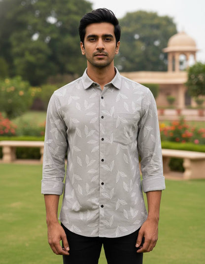 Pearl Grey Leaf Printed Slim Fit Shirt