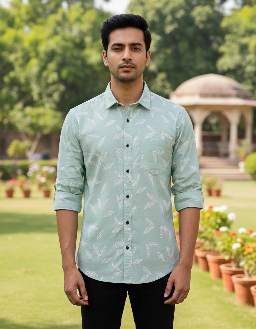 Mint Green Leaf Printed Slim Fit Shirt