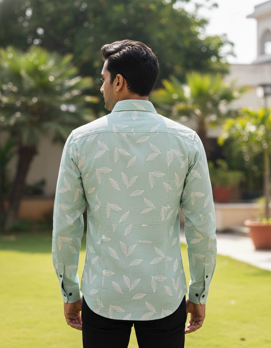 Mint Green Leaf Printed Slim Fit Shirt