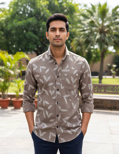 Mocha Brown Leaf Printed Slim Fit Shirt