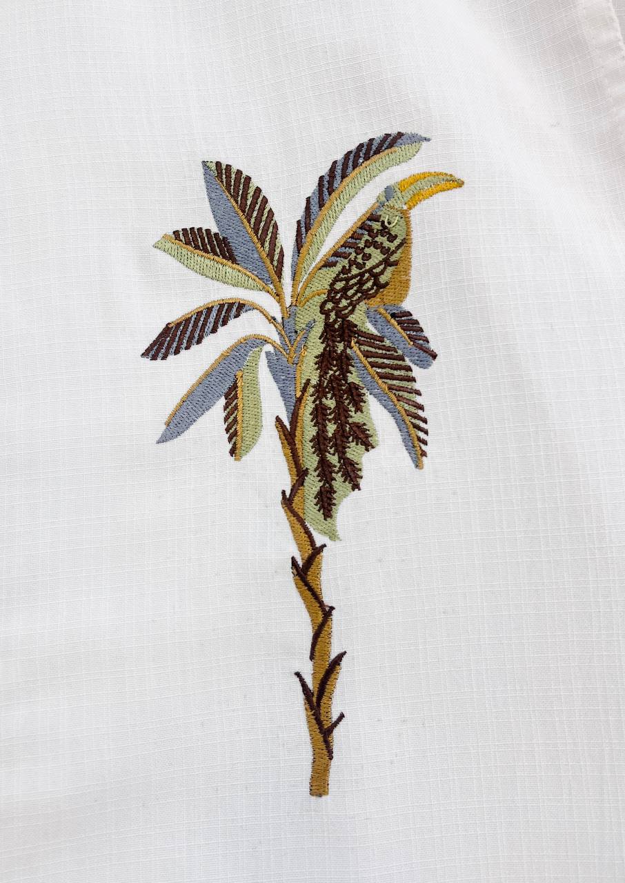 White Slim Fit Palm Embroidery Shirt