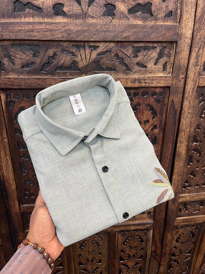 Sage Green Slim Fit Palm Embroidery Shirt