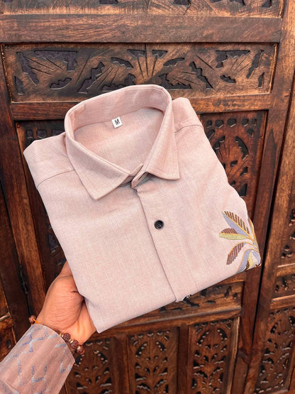 Pink Slim Fit Palm Embroidery Shirt