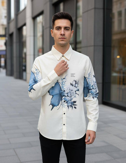 ivory slim fit abstract floral print shirt