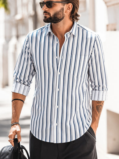 White & Navy Blue Vertical Stripe Shirt