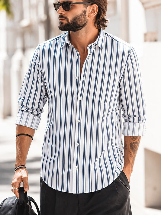 White & Navy Blue Vertical Stripe Shirt