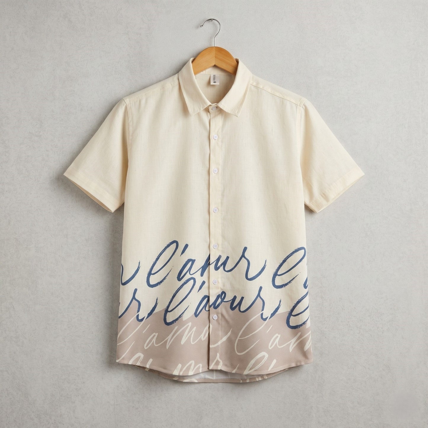 Cream Beige Script Print Half Sleeve Shirt