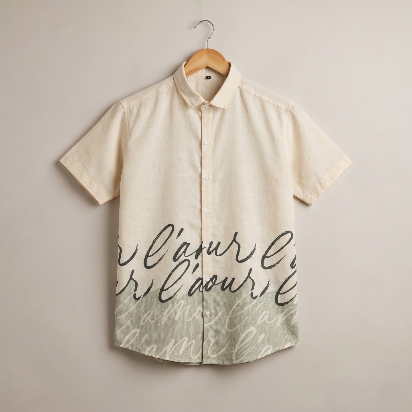 Green Beige Script Print Half Sleeve Shirt