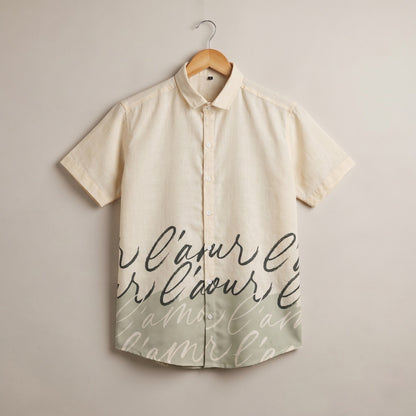 Green Beige Script Print Half Sleeve Shirt