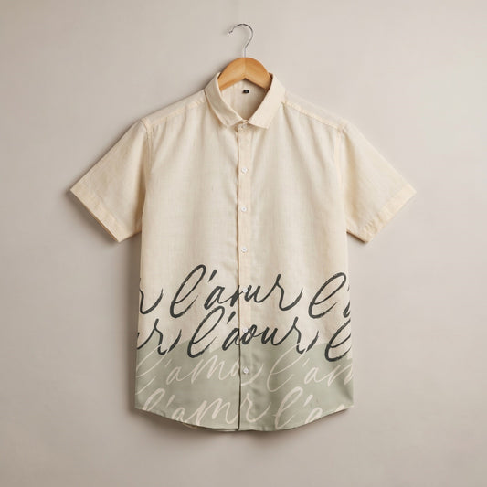 Green Beige Script Print Half Sleeve Shirt