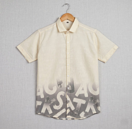 Beige & Ash Grey Abstract Typography Print Half Sleeve Shirt
